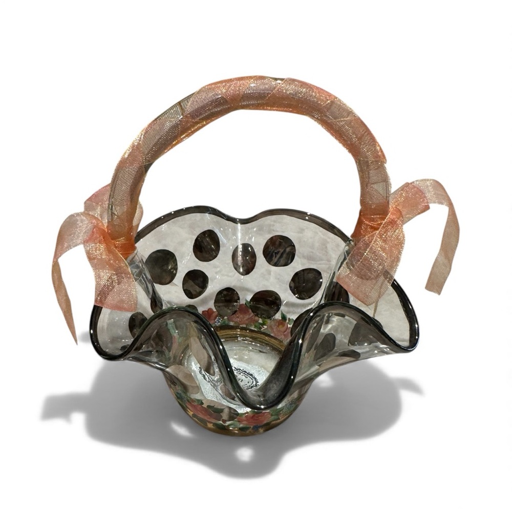 MacKenzie-Childs Glass Basket with Gold and Green Accents